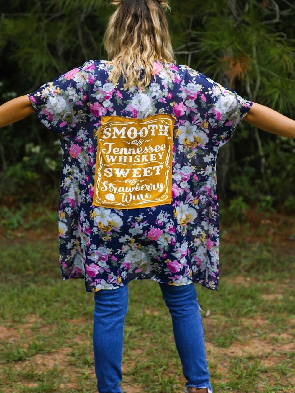 Upcycled Floral Navy Kimono with Tennessee Whiskey Graphic